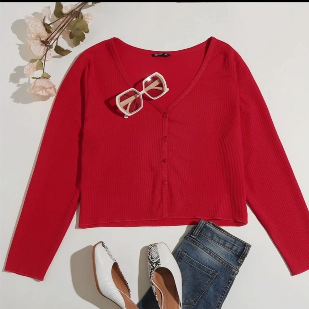 Red Button-Front Ribbed Top - NWOT